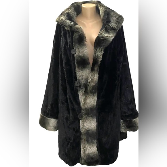 Dennis Basso Reversible Gray & Black Faux Fur Chinchilla Hooded Coat 1X - Picture 1 of 13